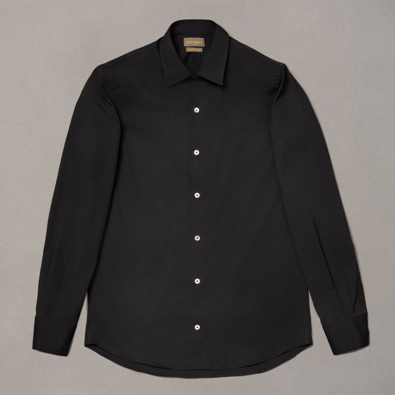 Black Stretch Cotton Shirt — Semi-Point Collar