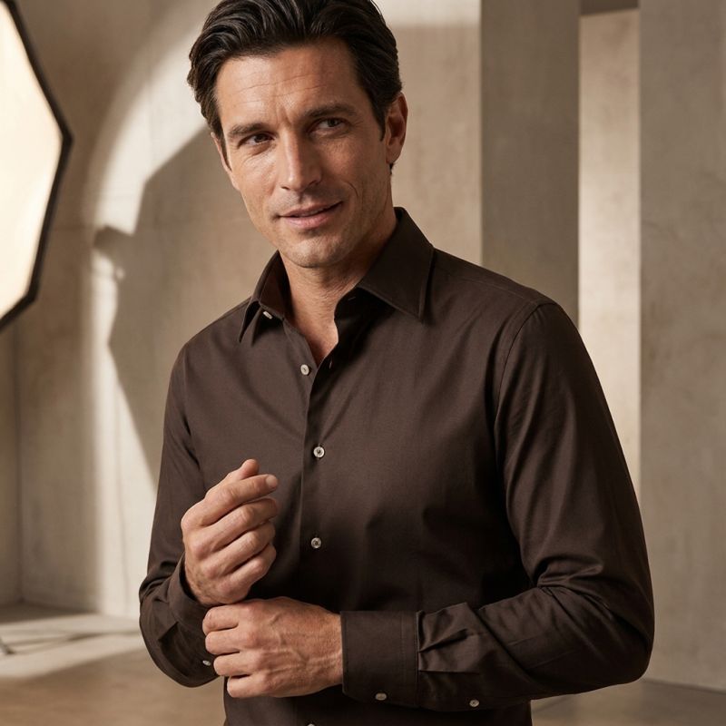 Brown Cotton Semi-Point Collar Shirt