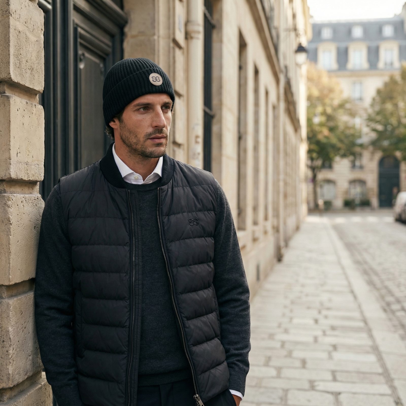 Man in a quilted gilet, grey knit and black beanie on a Paris cobblestone street