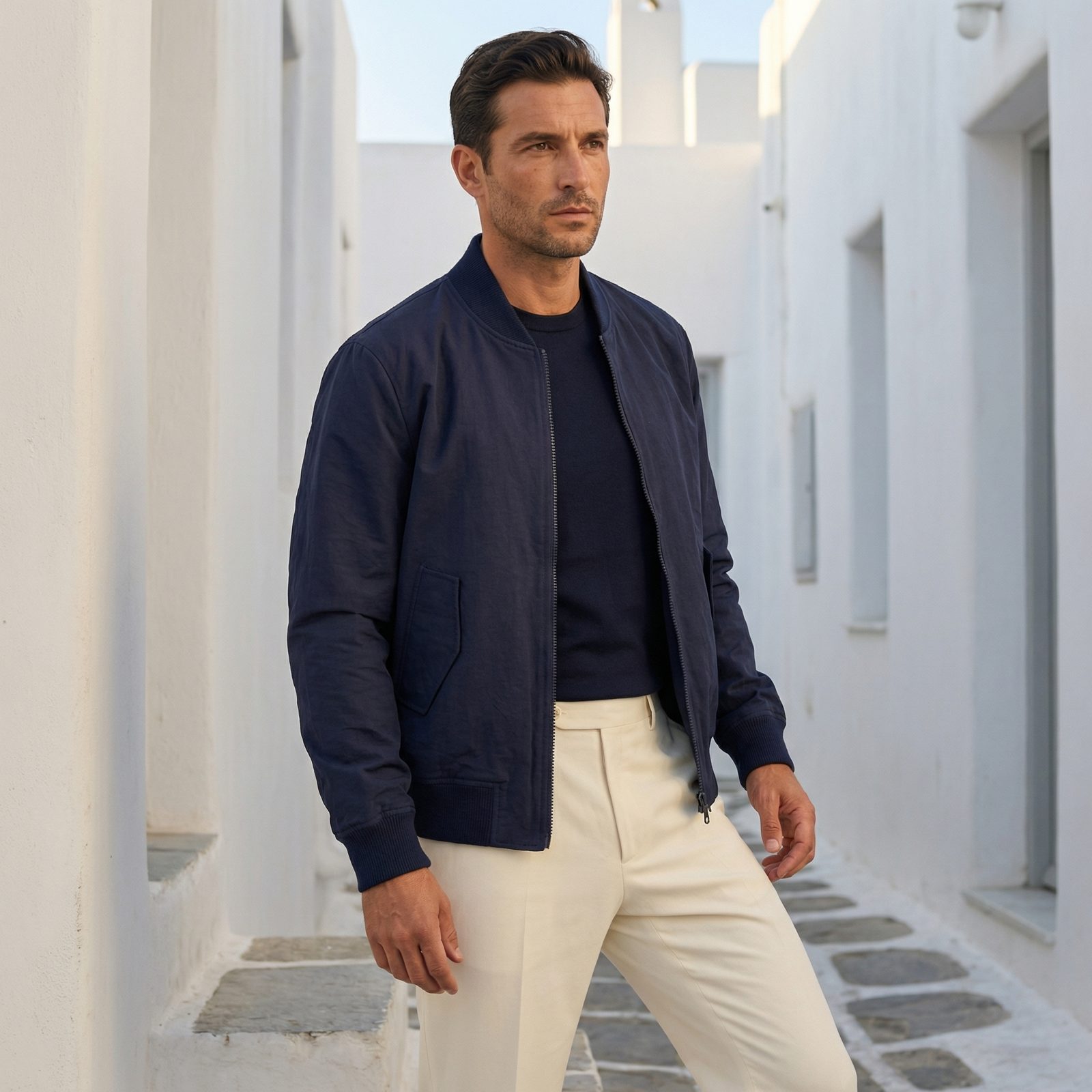 Man in navy bomber jacket in a Cycladic whitewashed alley — Elio Evan tailoring for summer in Greece