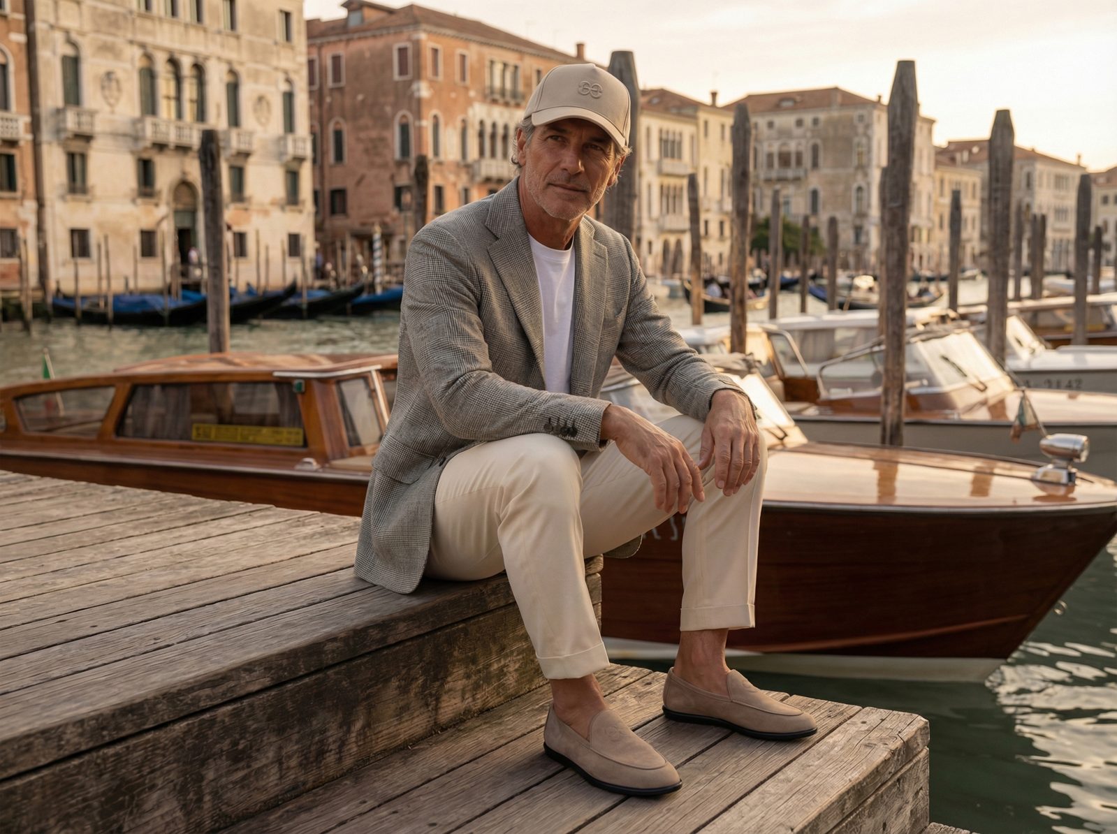 Man on a Venice canal dock in a grey blazer, white tee, cream trousers and beige suede loafers